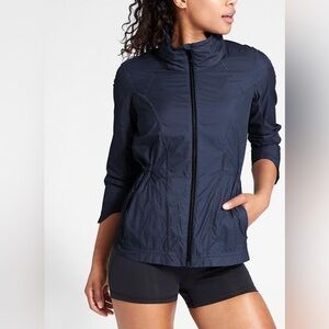 Athleta Women’s Small Distance Jacket Hooded Windbreaker Ripstop Navy Blue S